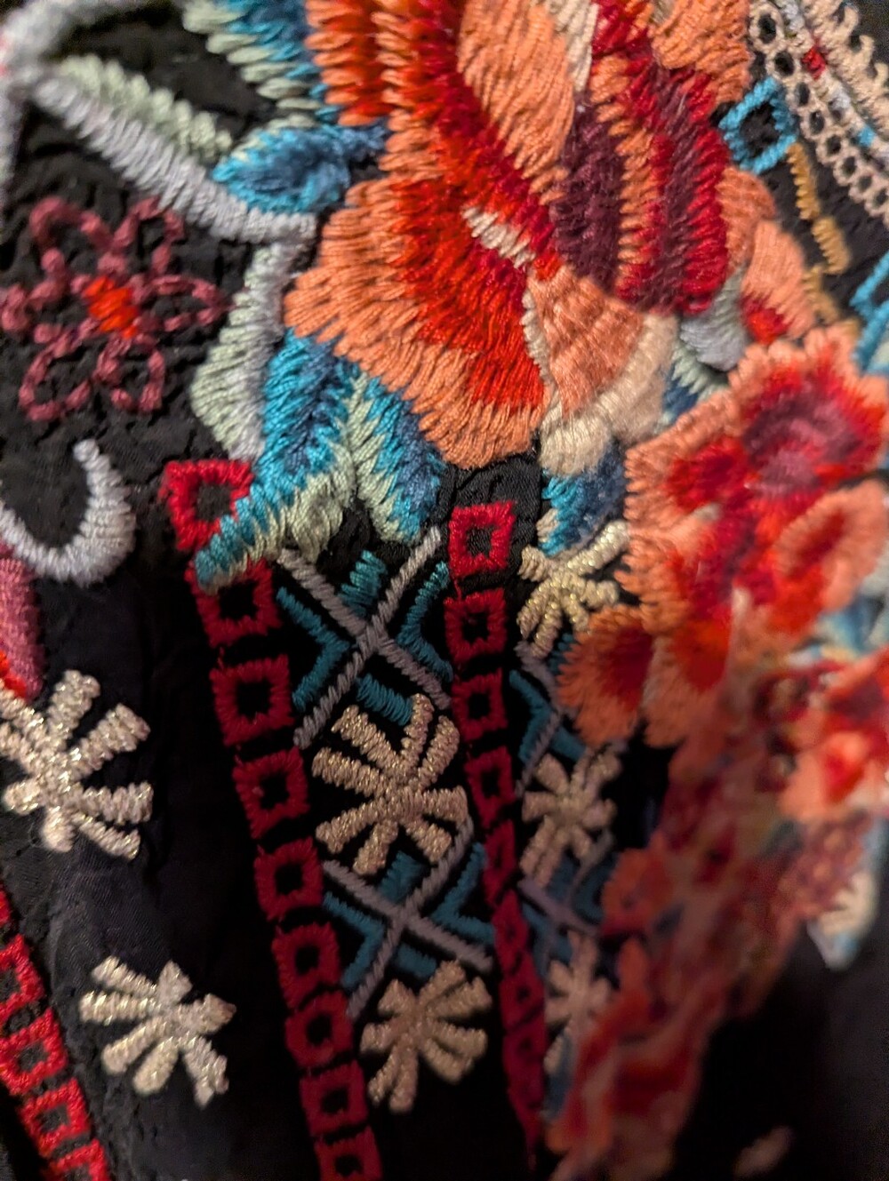 Johnny Was Black Floral Embroidered Tunic with Multicolor Stitching - Picture 7 of 7